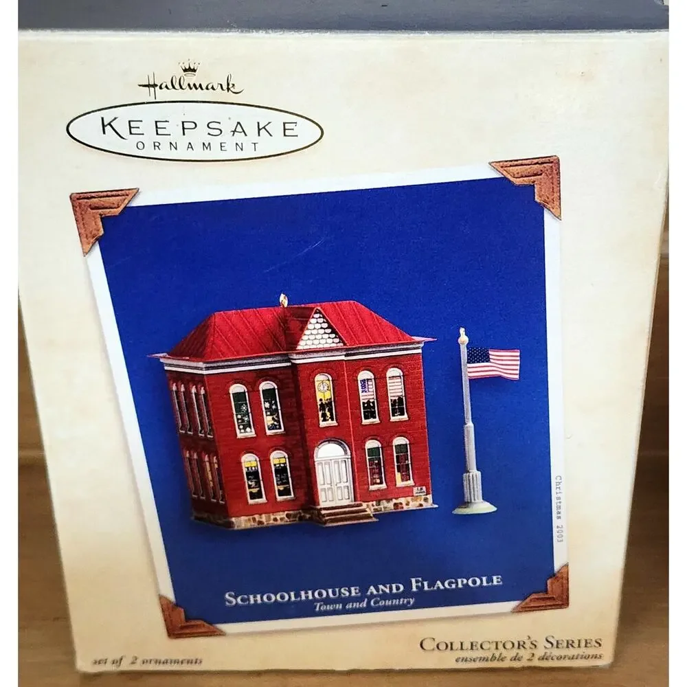 2003 Hallmark Schoolhouse and Flagpole Tin House Keepsake Ornament In Box